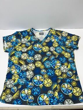 Buttersoft Originals Citrus Slice Blue Yellow V Neck 4 Pocket Scrub Top Size XL
